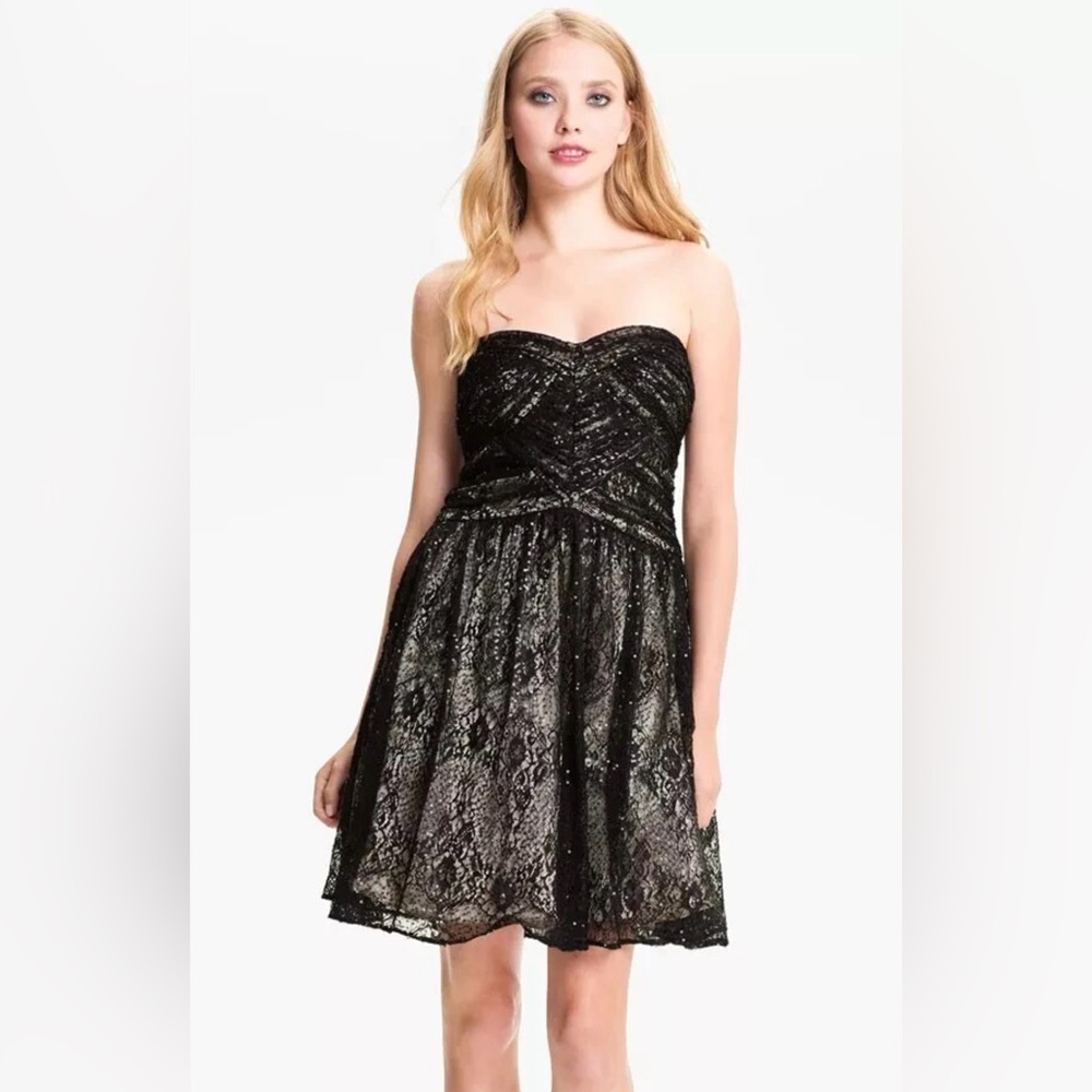 Hailey by Adrianna Papell Sequin Strapless Overlay Black Lace Dress Size 10 NEW
